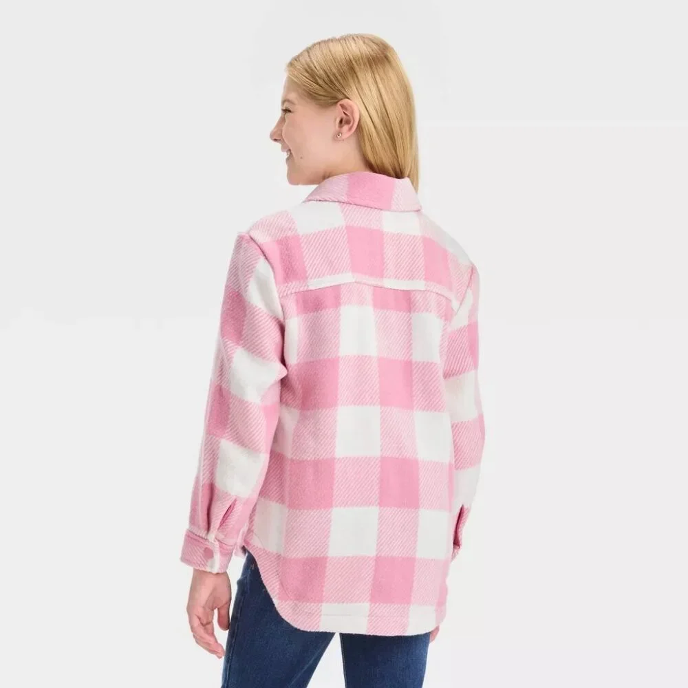 Cat & Jack - Girls' Plaid Button-Front Long Sleeve Shacket - Dusty Pink Plaid - Picture 2 of 14